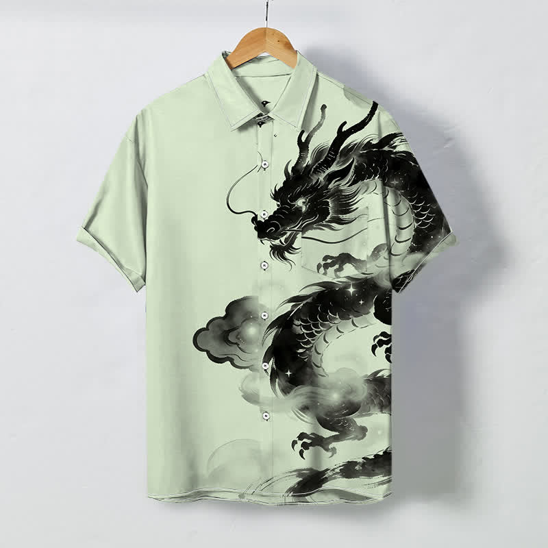Buddha Stones 墨龍雲模様ボタン付きしわになりにくいメンズ半袖シャツ - 甘露 - US/UK/AU48、 EU58 (4XL) - image 6