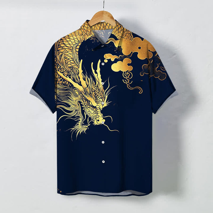 Buddha Stones 金龍雲模様ボタン付きしわになりにくいメンズ半袖シャツ - 海軍 - US/UK/AU48、 EU58 (4XL) - image 0