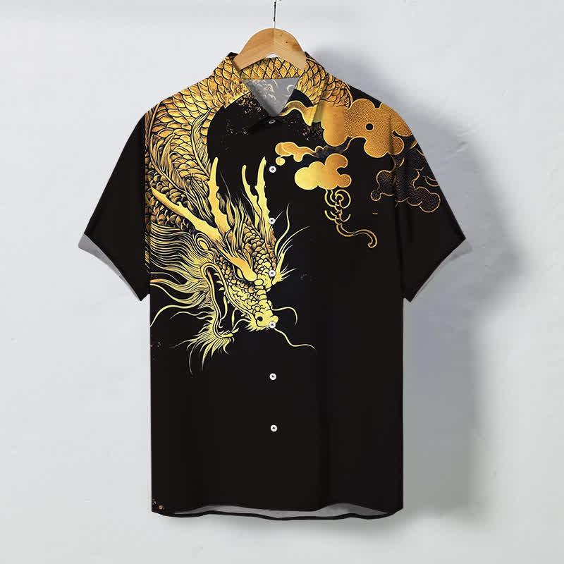 Buddha Stones 金龍雲模様ボタン付きしわになりにくいメンズ半袖シャツ - 黒 - US/UK/AU48、 EU58 (4XL) - image 5