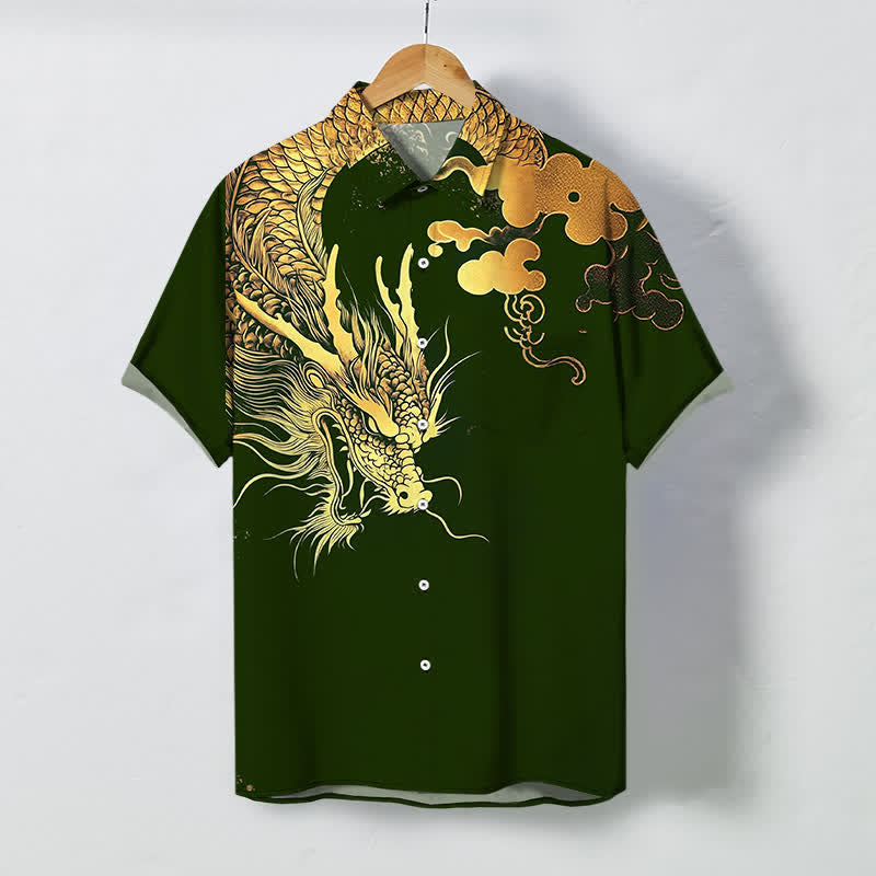 Buddha Stones 金龍雲模様ボタン付きしわになりにくいメンズ半袖シャツ - ダークグリーン - US/UK/AU48、 EU58 (4XL) - image 10