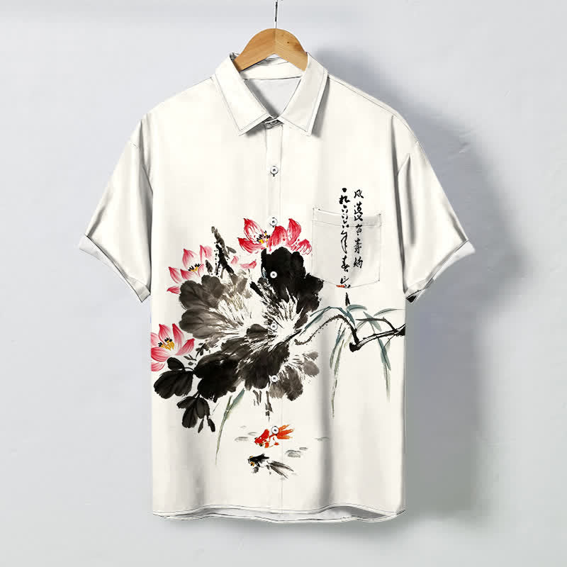 Buddha Stones 墨蓮鯉鯉ボタン付き通気性メンズ半袖シャツ - 象牙 - US/UK/AU48、 EU58 (4XL) - image 0