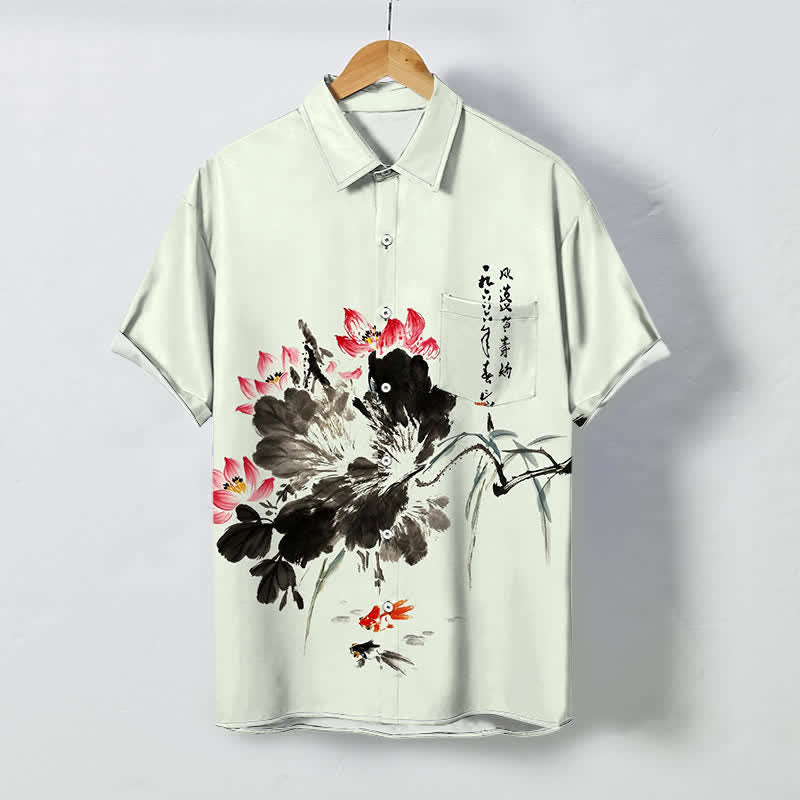 Buddha Stones 墨蓮鯉鯉ボタン付き通気性メンズ半袖シャツ - ミントクリーム - US/UK/AU48、 EU58 (4XL) - image 3