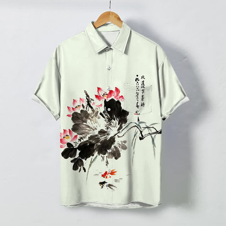 Buddha Stones 墨蓮鯉鯉ボタン付き通気性メンズ半袖シャツ - ミントクリーム - US/UK/AU48、 EU58 (4XL) - image 3