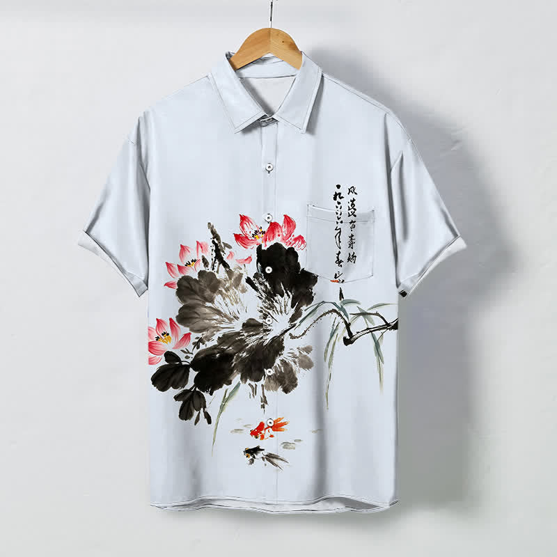 Buddha Stones 墨蓮鯉鯉ボタン付き通気性メンズ半袖シャツ - 水色 - US/UK/AU48、 EU58 (4XL) - image 6