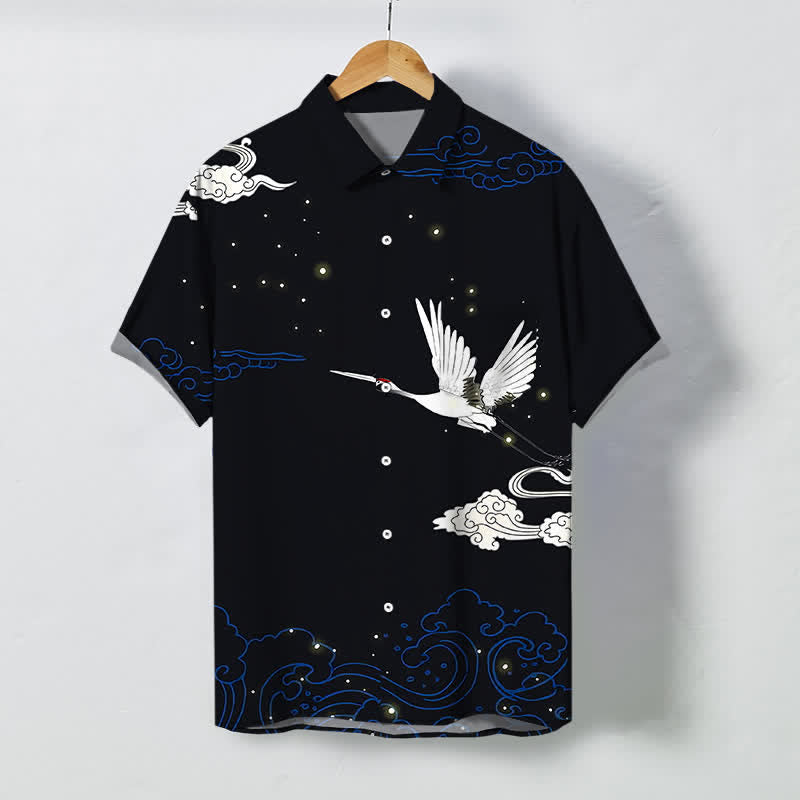 Buddha Stones 飛鶴雲波模様ボタン付きしわになりにくいメンズ半袖シャツ - 黒 - US/UK/AU48、 EU58 (4XL) - image 0