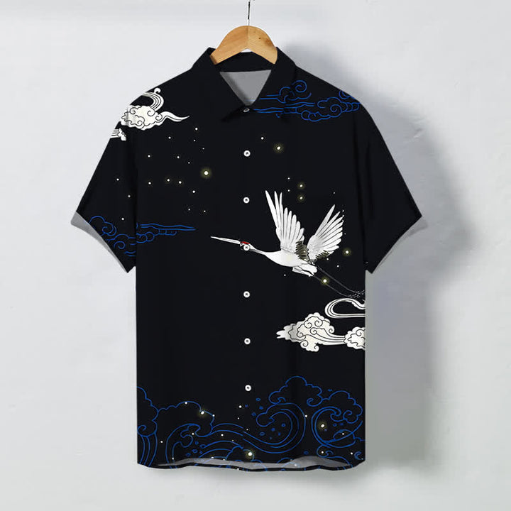 Buddha Stones 飛鶴雲波模様ボタン付きしわになりにくいメンズ半袖シャツ - 黒 - US/UK/AU48、 EU58 (4XL) - image 0