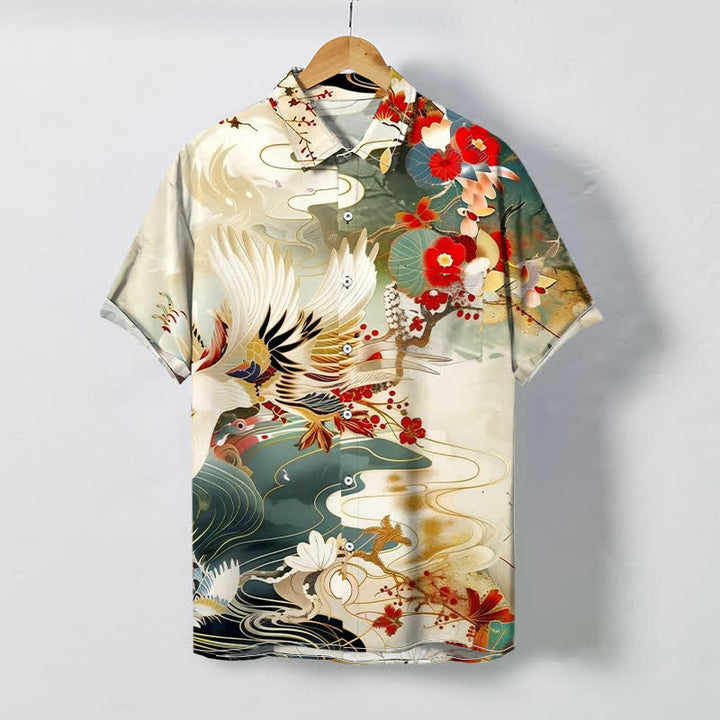 Buddha Stones 鶴の波模様の花柄ボタン付き通気性メンズ半袖シャツ - リネン - US/UK/AU48、 EU58 (4XL) - image 0