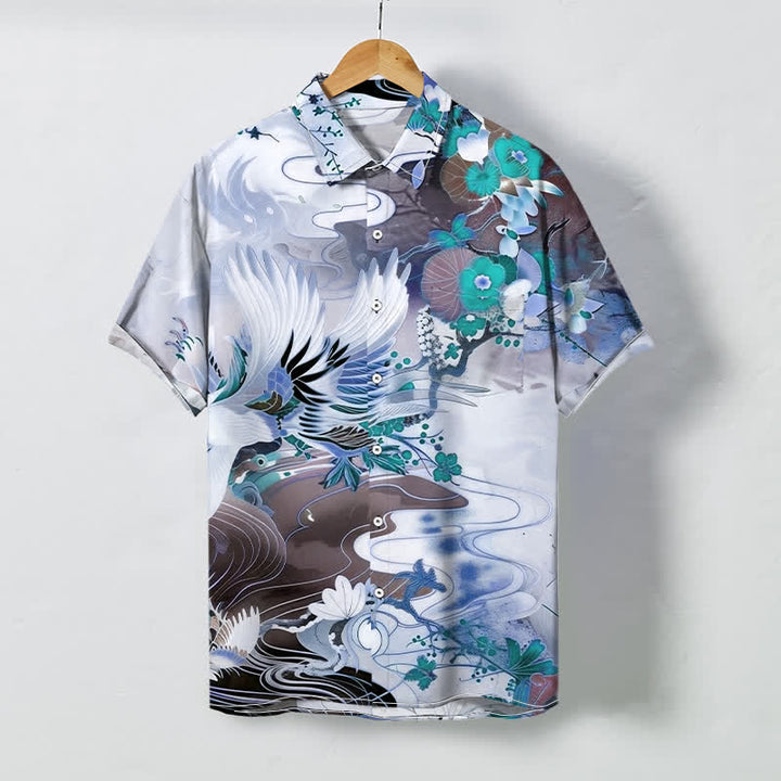 Buddha Stones 鶴の波模様の花柄ボタン付き通気性メンズ半袖シャツ - 水色 - US/UK/AU48、 EU58 (4XL) - image 3