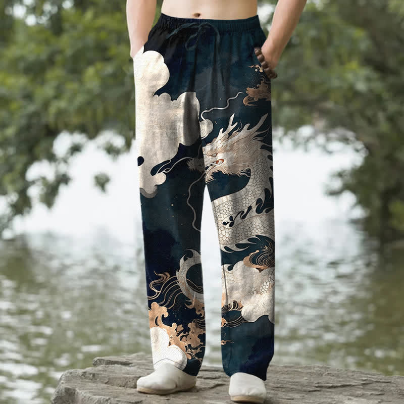 Buddha Stones コットン素材の龍雲柄メンズテーパードパンツ（ポケット付き） - ティール - US/UK/AU50、EU60（5XL） - image 0