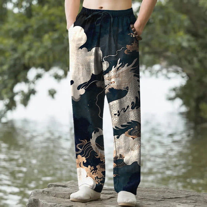 Buddha Stones コットン素材の龍雲柄メンズテーパードパンツ（ポケット付き） - ティール - US/UK/AU50、EU60（5XL） - image 0