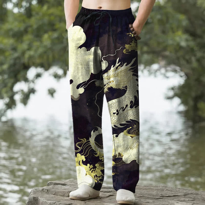 Buddha Stones コットン素材の龍雲柄メンズテーパードパンツ（ポケット付き） - 黒 - US/UK/AU50、EU60（5XL） - image 6