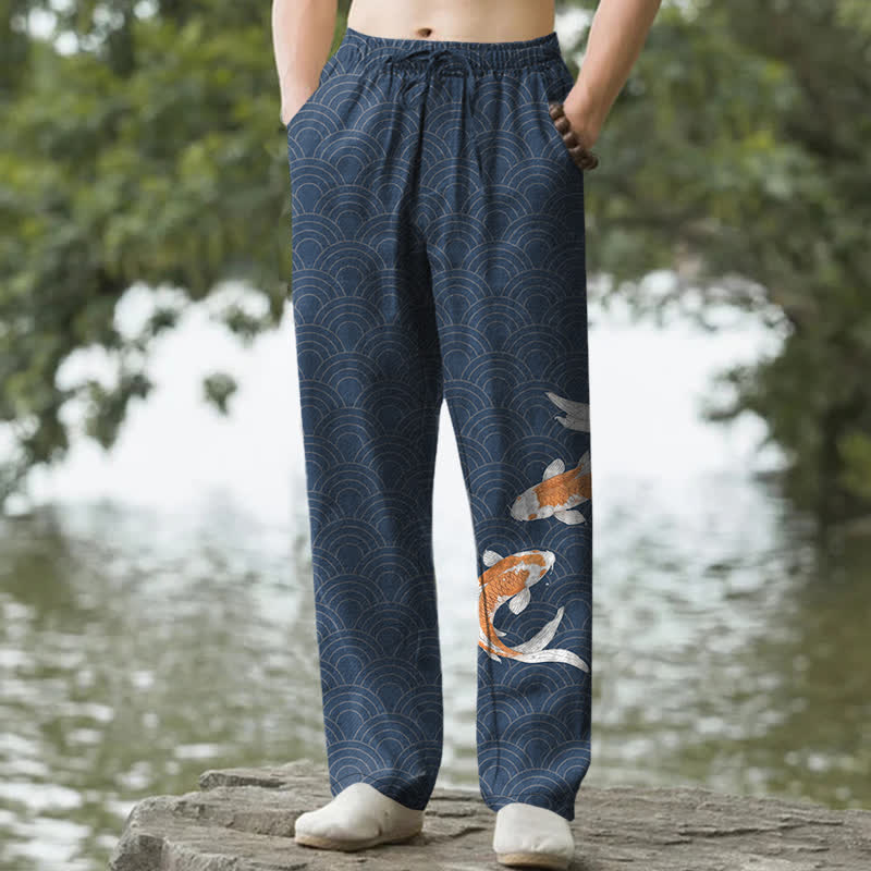 Buddha Stones 綿素材の鯉の波模様柄メンズテーパードパンツ（ポケット付き） - 海軍 - US/UK/AU50、EU60（5XL） - image 0