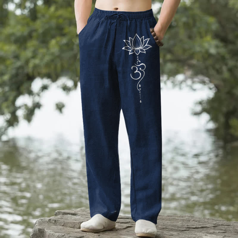 Buddha Stones コットン素材、蓮の花柄、ポケット付きメンズテーパードパンツ - 海軍 - US/UK/AU50、EU60（5XL） - image 0