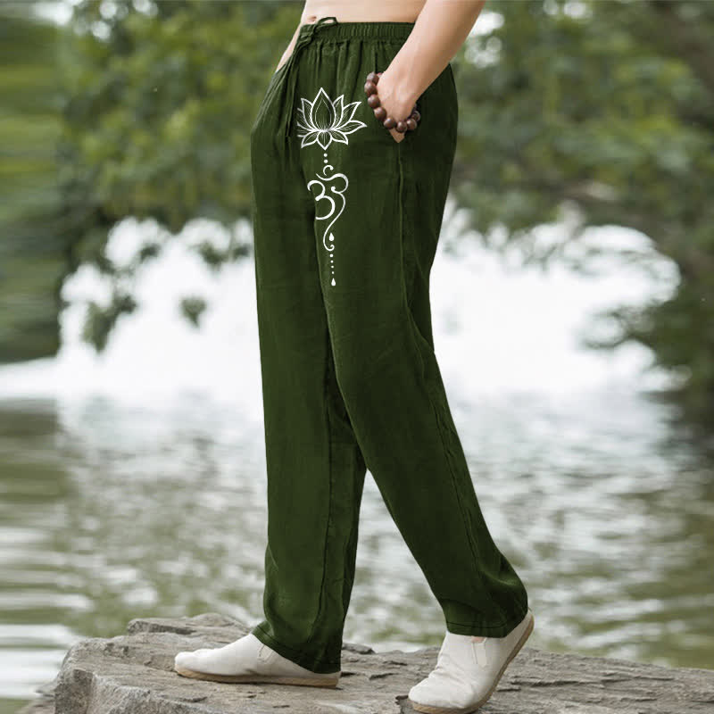 Buddha Stones コットン素材、蓮の花柄、ポケット付きメンズテーパードパンツ - image 5