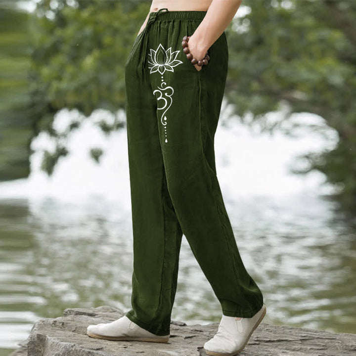 Buddha Stones コットン素材、蓮の花柄、ポケット付きメンズテーパードパンツ - image 5