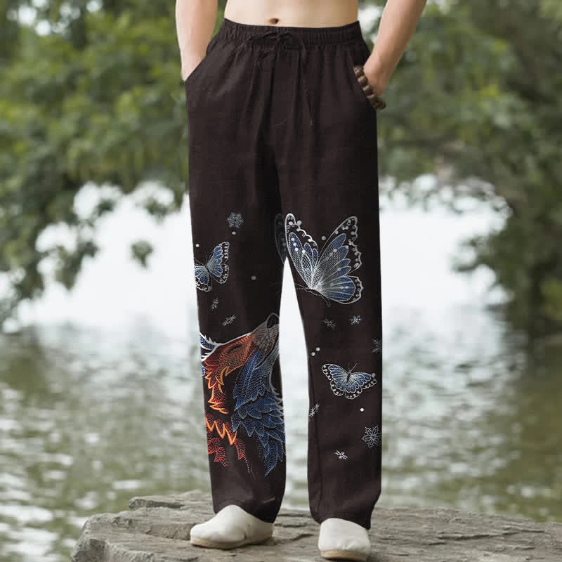 Buddha Stones コットン製バタフライ＆フォックス柄メンズテーパードパンツ（ポケット付き） - 茶色 - US/UK/AU50、EU60（5XL） - image 0