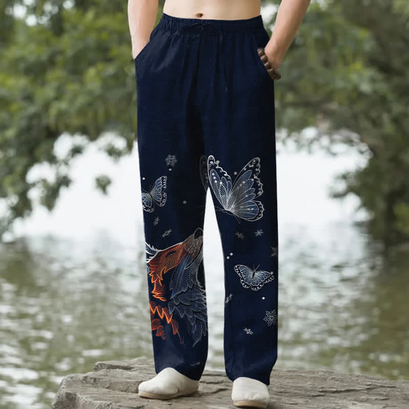 Buddha Stones コットン製バタフライ＆フォックス柄メンズテーパードパンツ（ポケット付き） - 海軍 - US/UK/AU50、EU60（5XL） - image 4