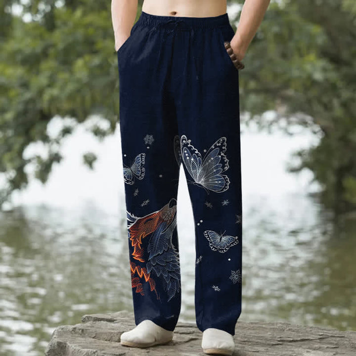 Buddha Stones コットン製バタフライ＆フォックス柄メンズテーパードパンツ（ポケット付き） - 海軍 - US/UK/AU50、EU60（5XL） - image 4