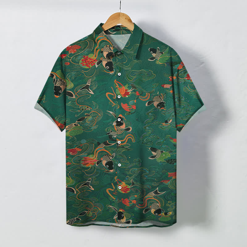 Buddha Stones 鯉と波と雲の模様のボタン付き通気性メンズ半袖シャツ - シーグリーン - US/UK/AU48、 EU58 (4XL) - image 0