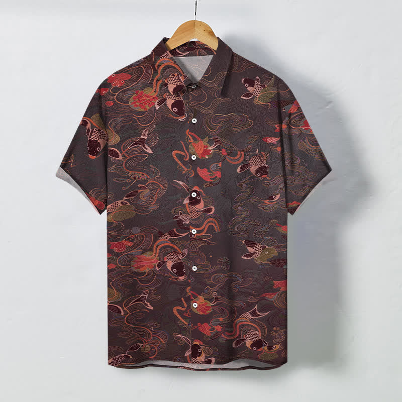 Buddha Stones 鯉と波と雲の模様のボタン付き通気性メンズ半袖シャツ - マルーン - US/UK/AU48、 EU58 (4XL) - image 7