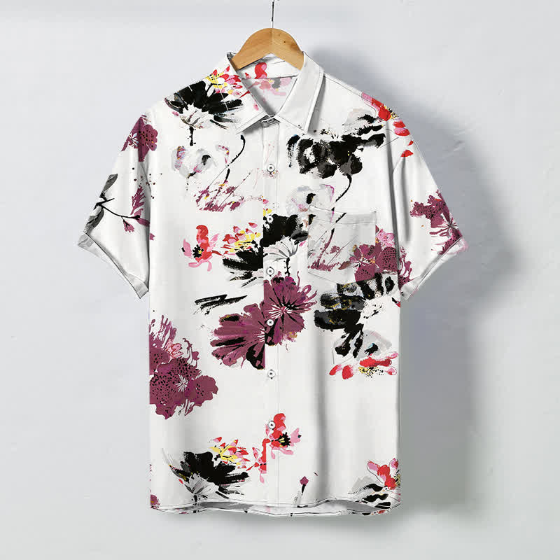 Buddha Stones 水彩画風花柄ボタン付き通気性メンズ半袖シャツ - 白 - US/UK/AU48、 EU58 (4XL) - image 0
