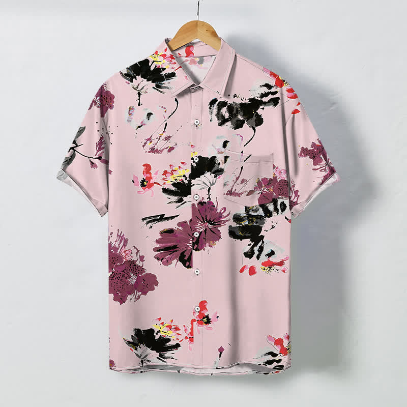 Buddha Stones 水彩画風花柄ボタン付き通気性メンズ半袖シャツ - ライトピンク - US/UK/AU48、 EU58 (4XL) - image 5