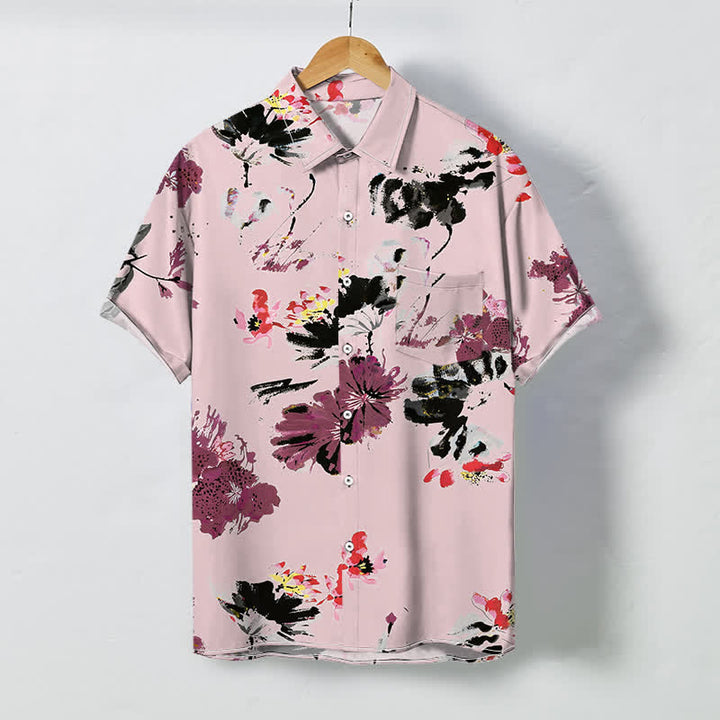 Buddha Stones 水彩画風花柄ボタン付き通気性メンズ半袖シャツ - ライトピンク - US/UK/AU48、 EU58 (4XL) - image 5