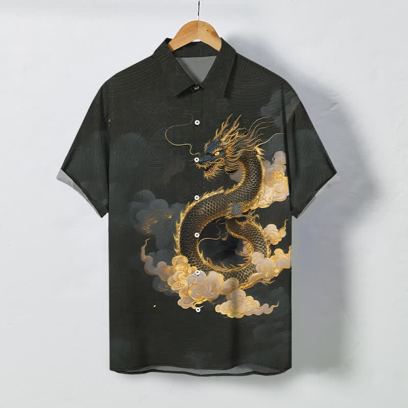 Buddha Stones 金龍雲模様ボタン付きしわになりにくいメンズ半袖シャツ - 黒 - US/UK/AU48、 EU58 (4XL) - image 0