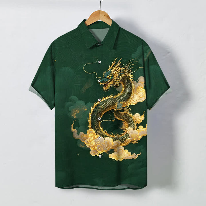 Buddha Stones 金龍雲模様ボタン付きしわになりにくいメンズ半袖シャツ - ダークグリーン - US/UK/AU48、 EU58 (4XL) - image 7