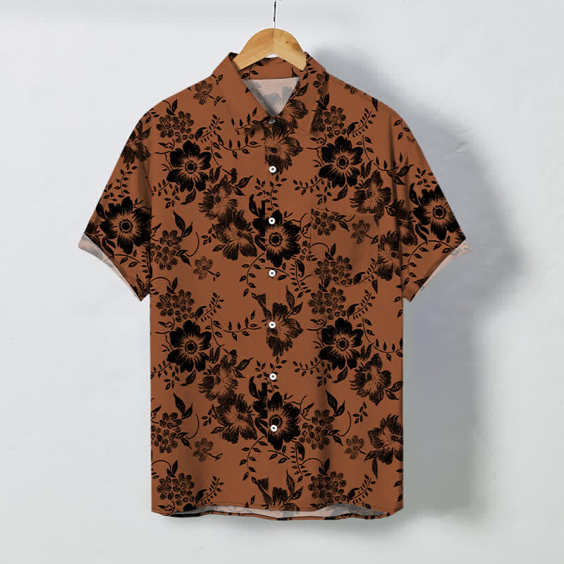 Buddha Stones 黒地に花柄のボタンが付いた、しわになりにくいメンズ半袖シャツ - ペルー - US/UK/AU48、 EU58 (4XL) - image 0