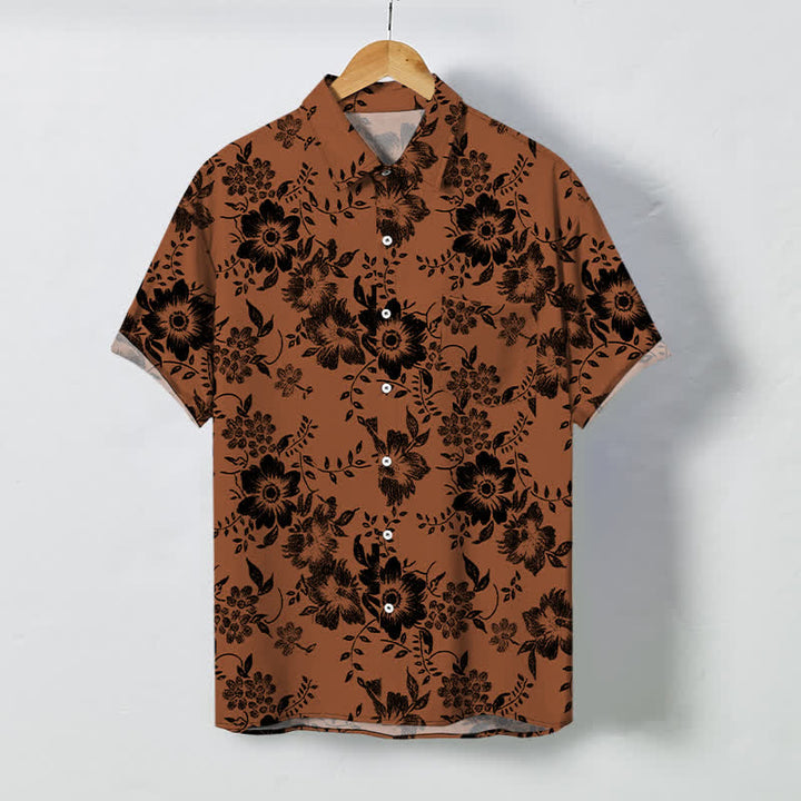 Buddha Stones 黒地に花柄のボタンが付いた、しわになりにくいメンズ半袖シャツ - ペルー - US/UK/AU48、 EU58 (4XL) - image 0