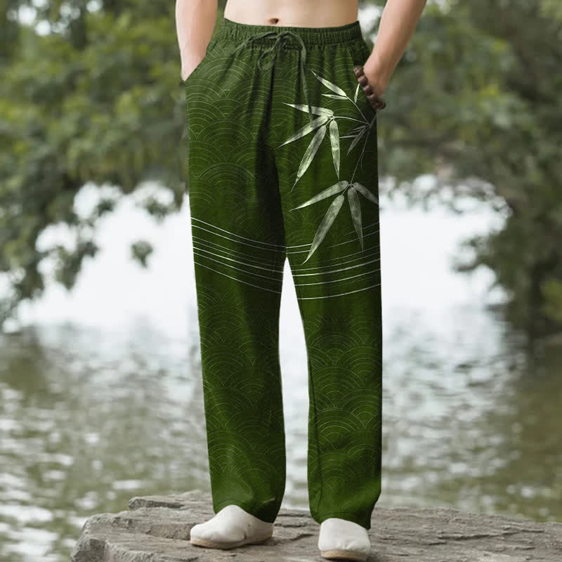 Buddha Stones 綿素材の竹の葉柄メンズテーパードパンツ（ポケット付き） - フォレストグリーン - US/UK/AU50、EU60（5XL） - image 0