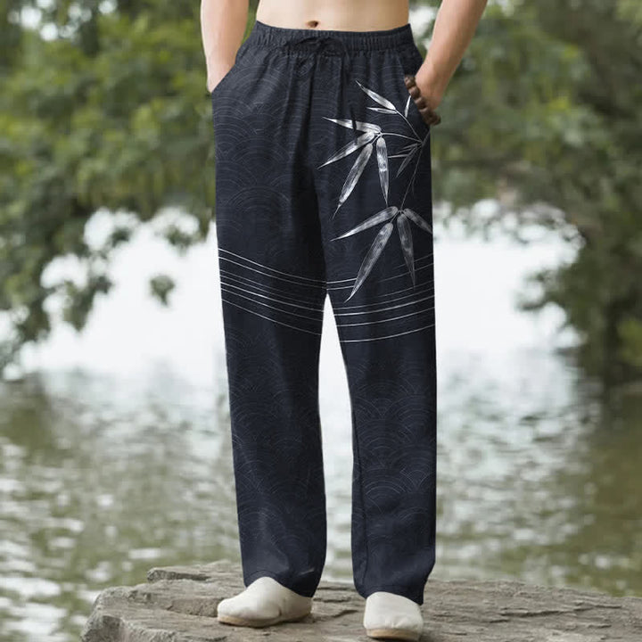Buddha Stones 綿素材の竹の葉柄メンズテーパードパンツ（ポケット付き） - 黒 - US/UK/AU50、EU60（5XL） - image 8