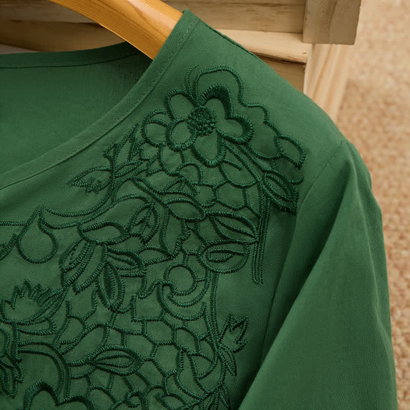 Buddha Stones 夏らしいヴィンテージ風刺繍入りVネックボタンアップ花柄レディース肘丈袖シャツ - image 3