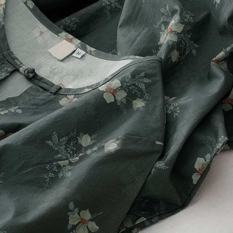 Buddha Stones 夏物ヴィンテージ風ドローストリング付きグレー花柄レディース半袖ワンピース（ポケット付き） - image 5