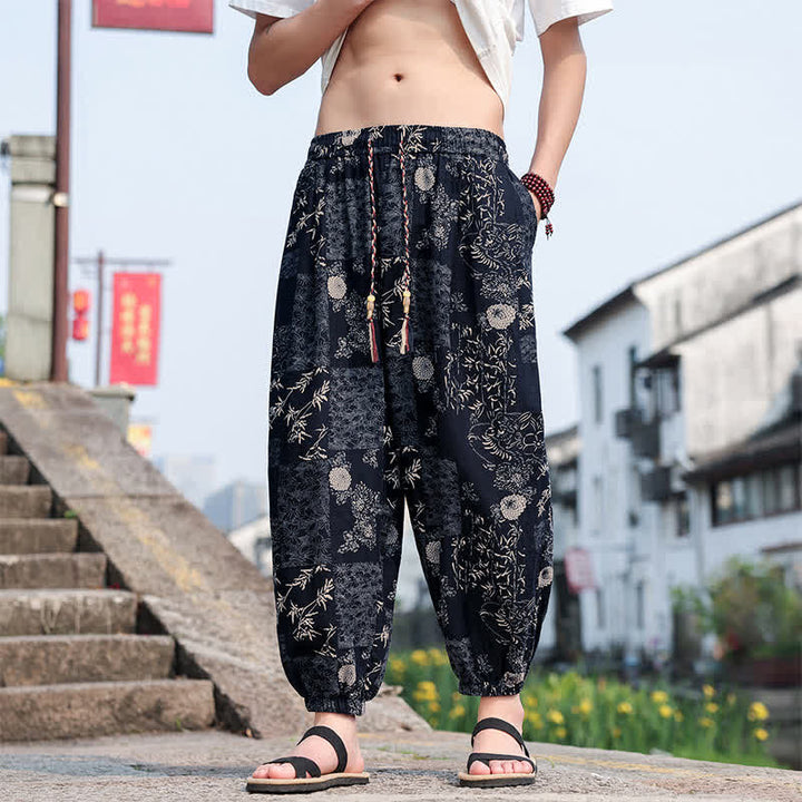 Buddha Stones 夏物 ボヘミアン カジュアル ドローストリング 象と木のプリント クロップドパンツ メンズ ハーレムパンツ ポケット付き - image 15