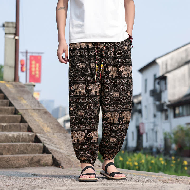 Buddha Stones 夏物 ボヘミアン カジュアル ドローストリング 象と木のプリント クロップドパンツ メンズ ハーレムパンツ ポケット付き - サドルブラウン - US/UK/AU46, EU56 （5XL） - image 0
