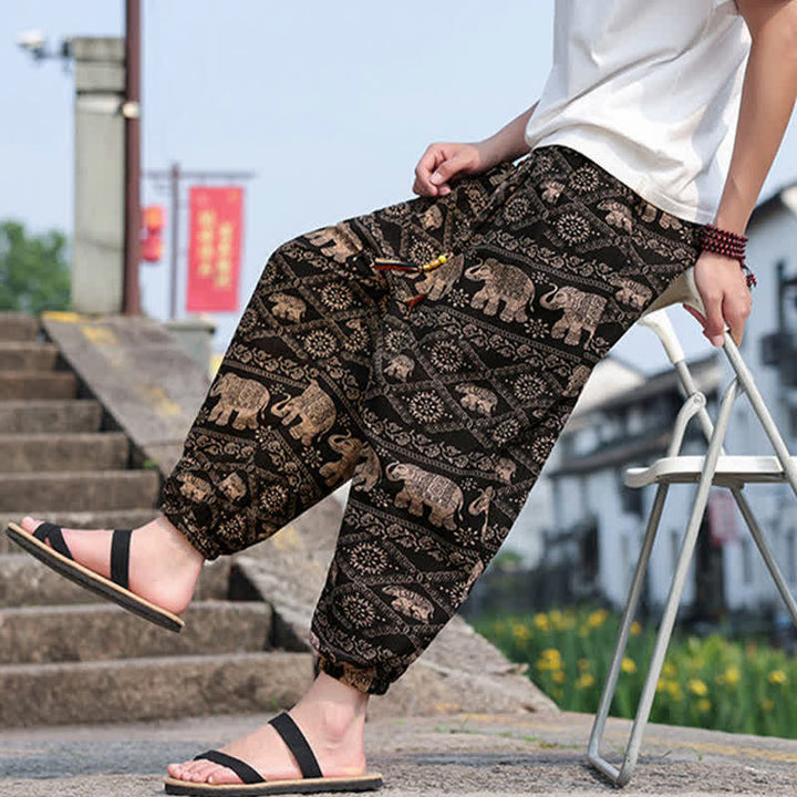 Buddha Stones 夏物 ボヘミアン カジュアル ドローストリング 象と木のプリント クロップドパンツ メンズ ハーレムパンツ ポケット付き - image 6