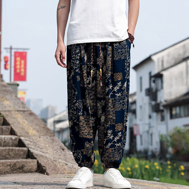 Buddha Stones 夏物 ボヘミアン カジュアル ドローストリング 象と木のプリント クロップドパンツ メンズ ハーレムパンツ ポケット付き - image 35