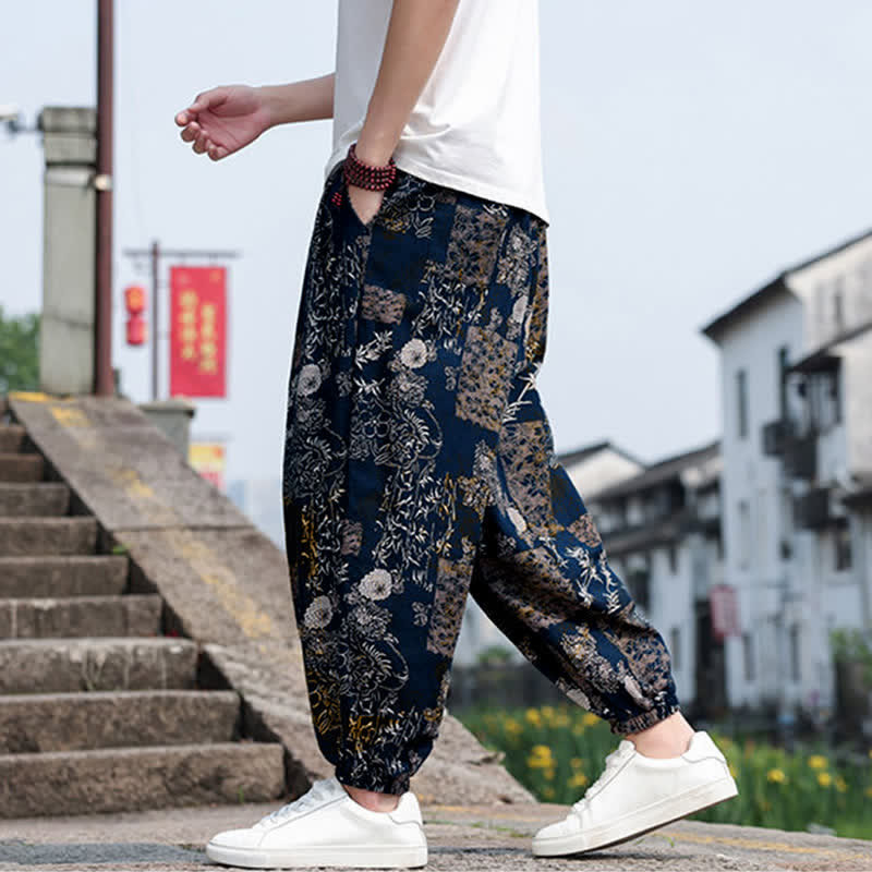 Buddha Stones 夏物 ボヘミアン カジュアル ドローストリング 象と木のプリント クロップドパンツ メンズ ハーレムパンツ ポケット付き - image 32