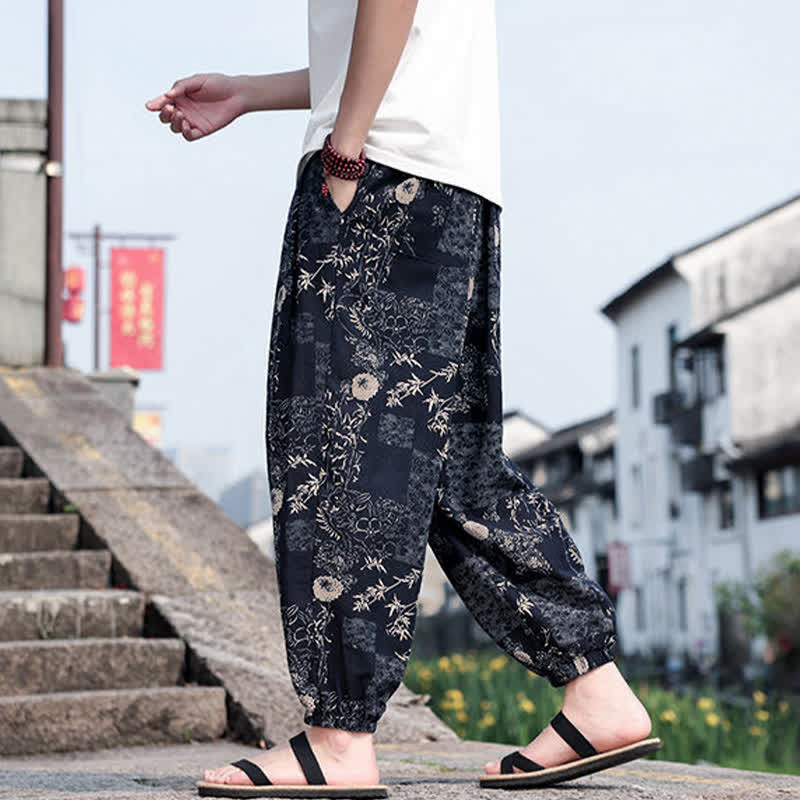 Buddha Stones 夏物 ボヘミアン カジュアル ドローストリング 象と木のプリント クロップドパンツ メンズ ハーレムパンツ ポケット付き - image 9