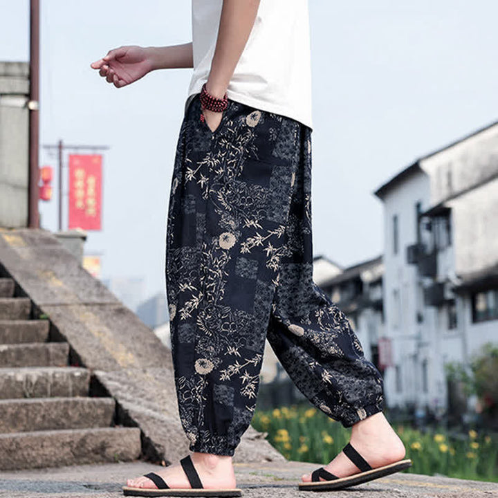 Buddha Stones 夏物 ボヘミアン カジュアル ドローストリング 象と木のプリント クロップドパンツ メンズ ハーレムパンツ ポケット付き - image 9