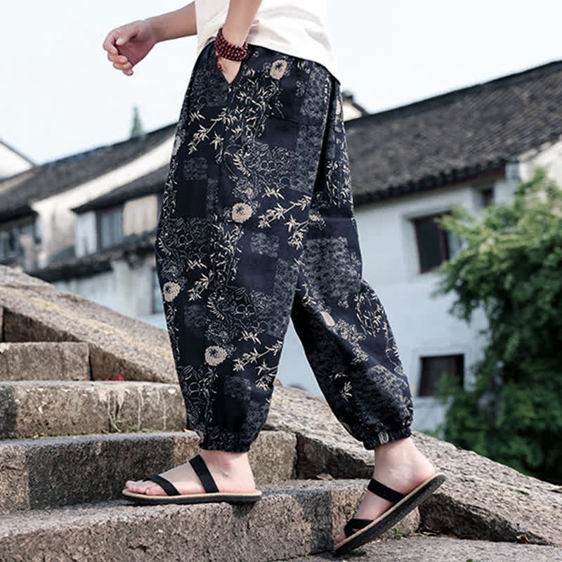 Buddha Stones 夏物 ボヘミアン カジュアル ドローストリング 象と木のプリント クロップドパンツ メンズ ハーレムパンツ ポケット付き - image 14