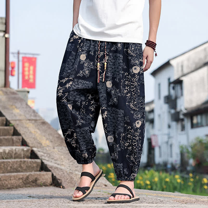 Buddha Stones 夏物 ボヘミアン カジュアル ドローストリング 象と木のプリント クロップドパンツ メンズ ハーレムパンツ ポケット付き - image 13