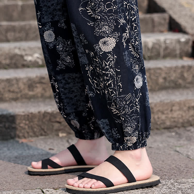Buddha Stones 夏物 ボヘミアン カジュアル ドローストリング 象と木のプリント クロップドパンツ メンズ ハーレムパンツ ポケット付き - image 19