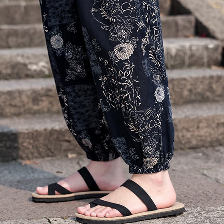 Buddha Stones 夏物 ボヘミアン カジュアル ドローストリング 象と木のプリント クロップドパンツ メンズ ハーレムパンツ ポケット付き - image 19
