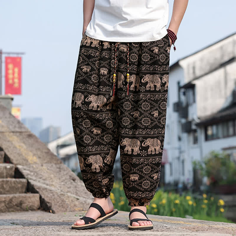 Buddha Stones 夏物 ボヘミアン カジュアル ドローストリング 象と木のプリント クロップドパンツ メンズ ハーレムパンツ ポケット付き - image 5