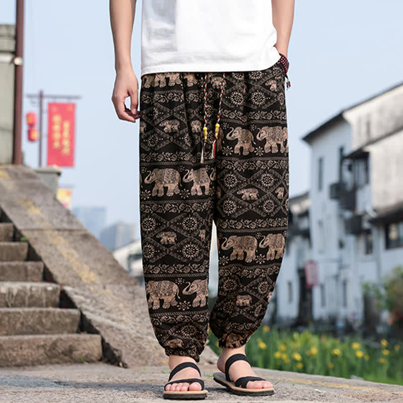Buddha Stones 夏物 ボヘミアン カジュアル ドローストリング 象と木のプリント クロップドパンツ メンズ ハーレムパンツ ポケット付き - image 1