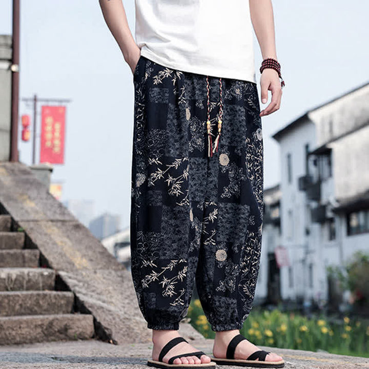 Buddha Stones 夏物 ボヘミアン カジュアル ドローストリング 象と木のプリント クロップドパンツ メンズ ハーレムパンツ ポケット付き - image 8