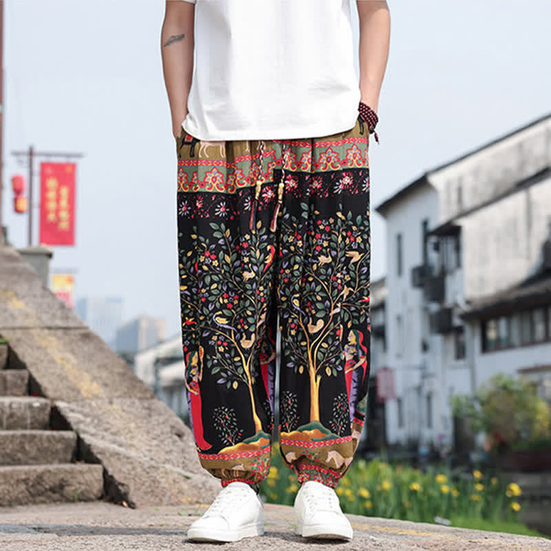 Buddha Stones 夏物 ボヘミアン カジュアル ドローストリング 象と木のプリント クロップドパンツ メンズ ハーレムパンツ ポケット付き - image 27